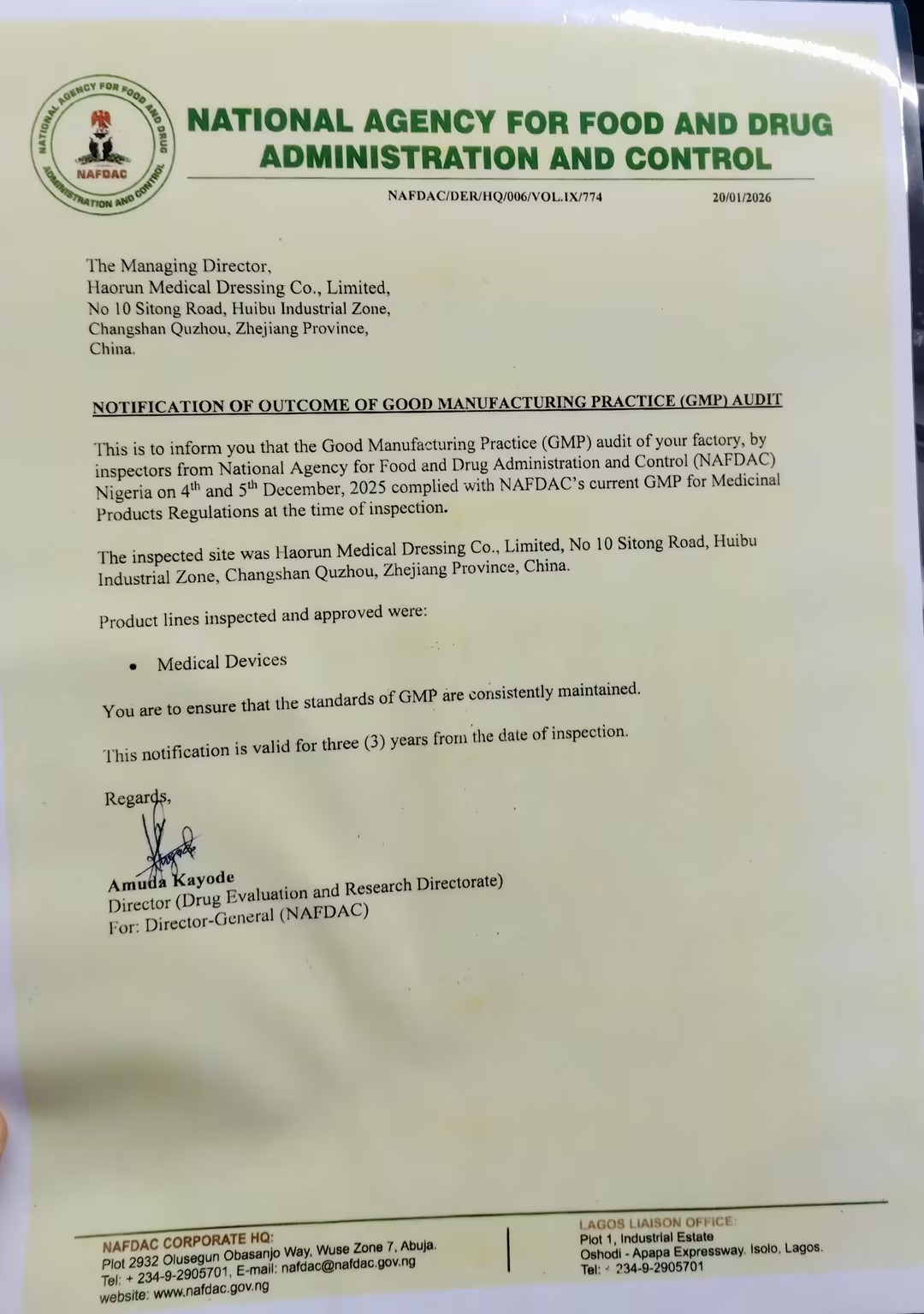 Haorun Tibbi Məhsulları Nigeriyada rəsmi olaraq NAFDAC Qeydiyyat Sertifikatını alır